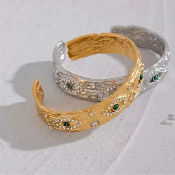 Anthropologie Baroque Malachite Stainless Steel WaterproofEye Cuff Bracelet - Picture 4 of 11